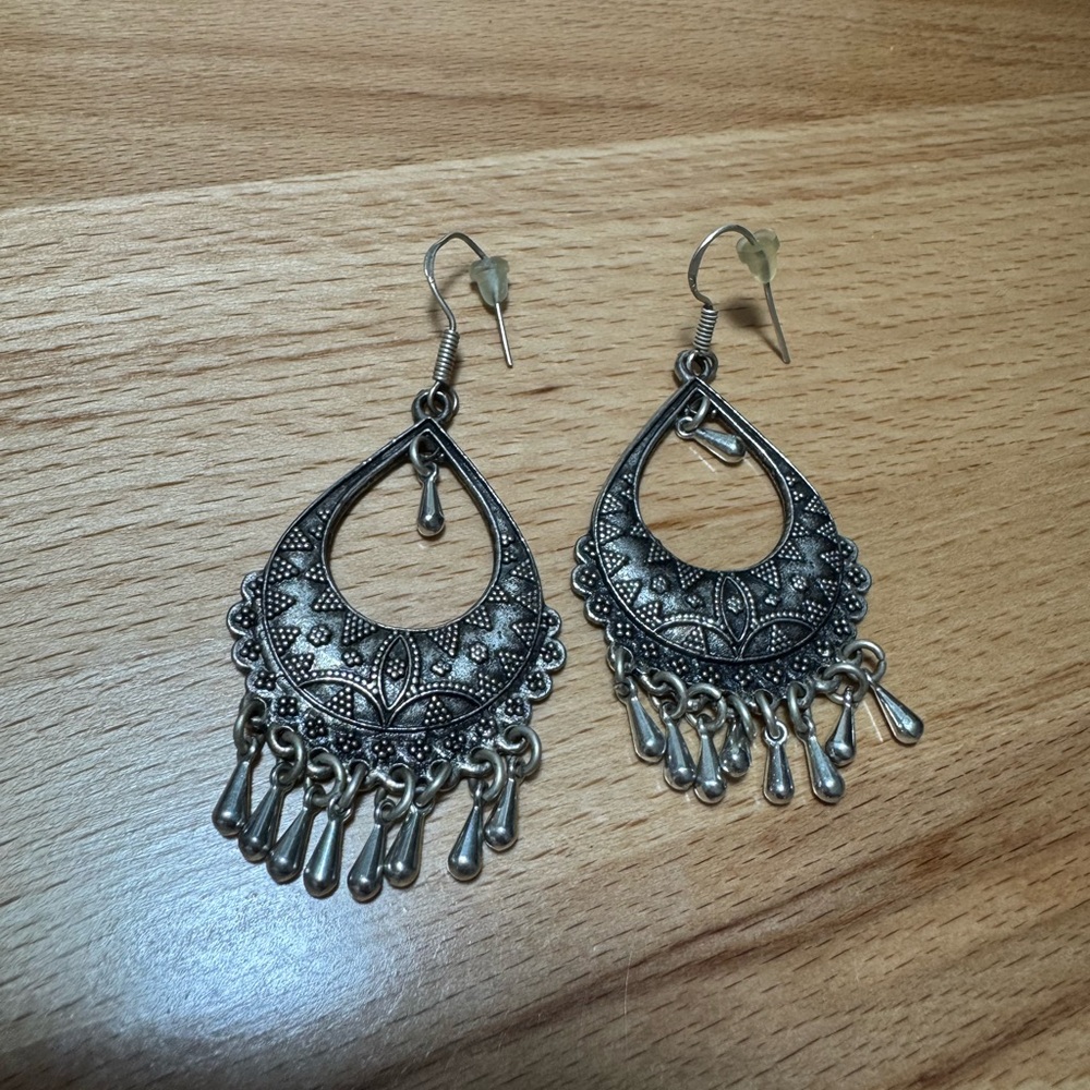Antique Silver Geometric Dangle Earrings